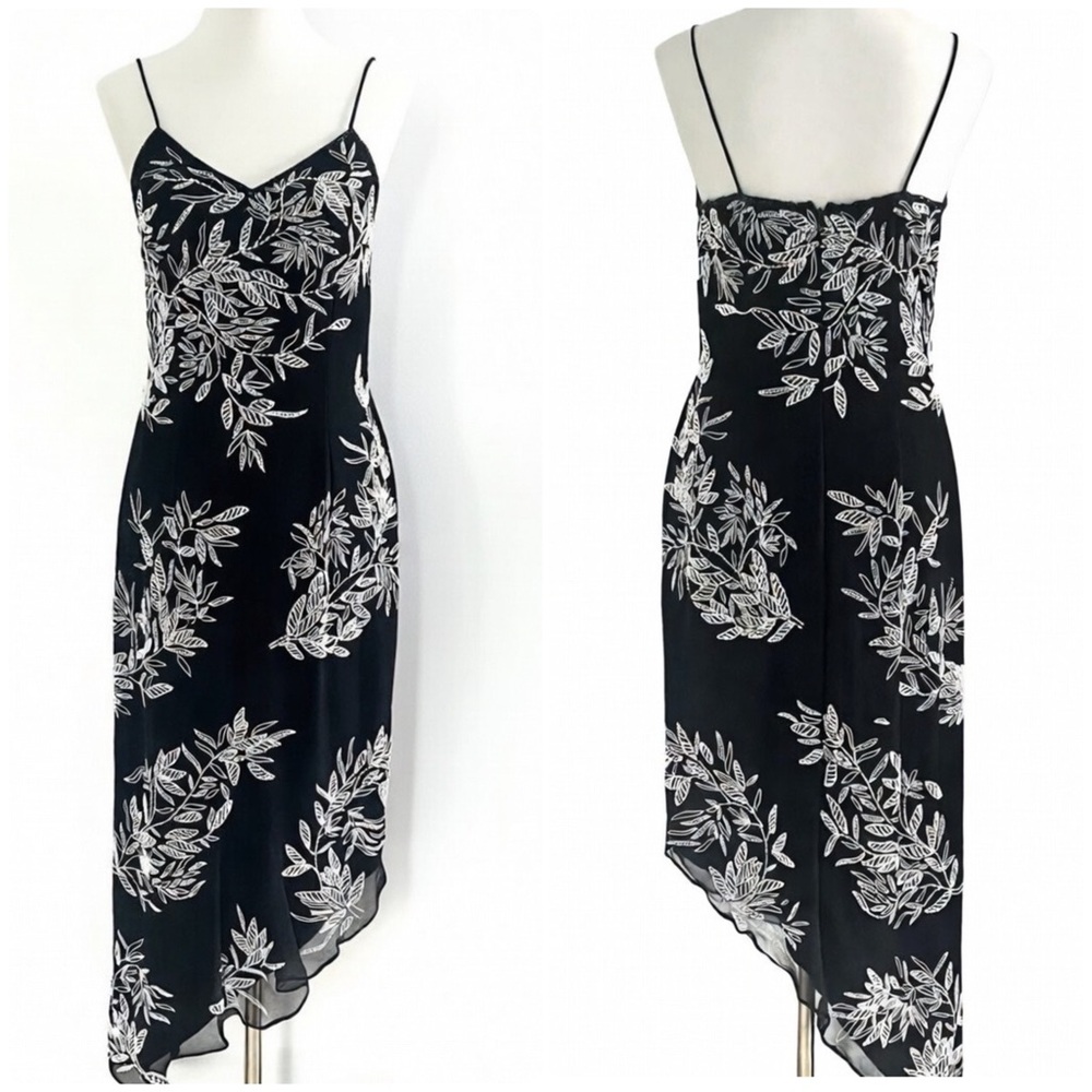 Y2K Sean Collection 100% Silk Black Beaded Asymmetrical Hem Midi Dress Womens M